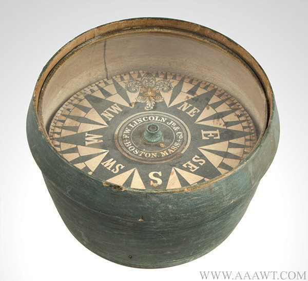 Antique Ship's Compass, Green Painted Bowl, F.W. Lincoln Jr. and Company, angle view